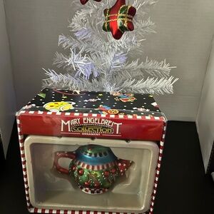 Mary Engelbreit Festive Teapot Ornament with Red and Green plaid stars